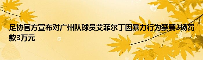 足協(xié)官方宣布對廣州隊球員艾菲爾丁因暴力行為禁賽3場罰款3萬元