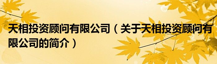 天相投資顧問有限公司（關于天相投資顧問有限公司的簡介）