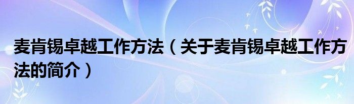 麥肯錫卓越工作方法（關(guān)于麥肯錫卓越工作方法的簡(jiǎn)介）