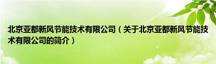 北京亞都新風節(jié)能技術(shù)有限公司（關(guān)于北京亞都新風節(jié)能技術(shù)有限公司的簡介）