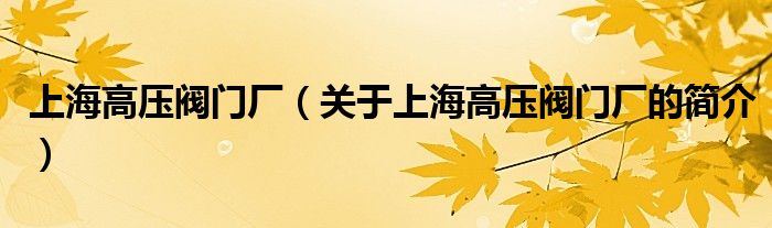 上海高壓閥門廠（關于上海高壓閥門廠的簡介）