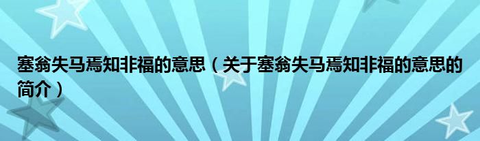 塞翁失馬焉知非福的意思（關(guān)于塞翁失馬焉知非福的意思的簡介）