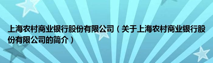 上海農(nóng)村商業(yè)銀行股份有限公司（關(guān)于上海農(nóng)村商業(yè)銀行股份有限公司的簡介）