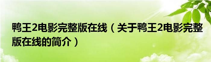 鴨王2電影完整版在線（關(guān)于鴨王2電影完整版在線的簡介）