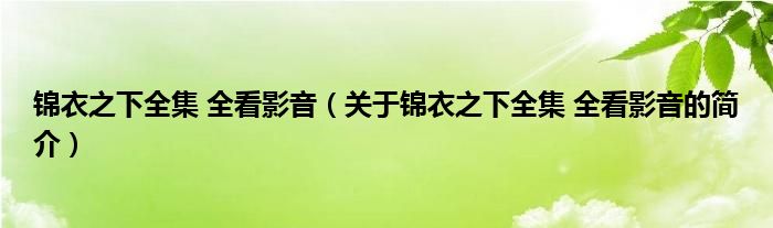 錦衣之下全集 全看影音（關于錦衣之下全集 全看影音的簡介）