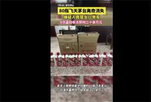 湖北武漢女兒男友盜竊80瓶飛天茅臺案，涉案金額20萬元，警方迅速偵破